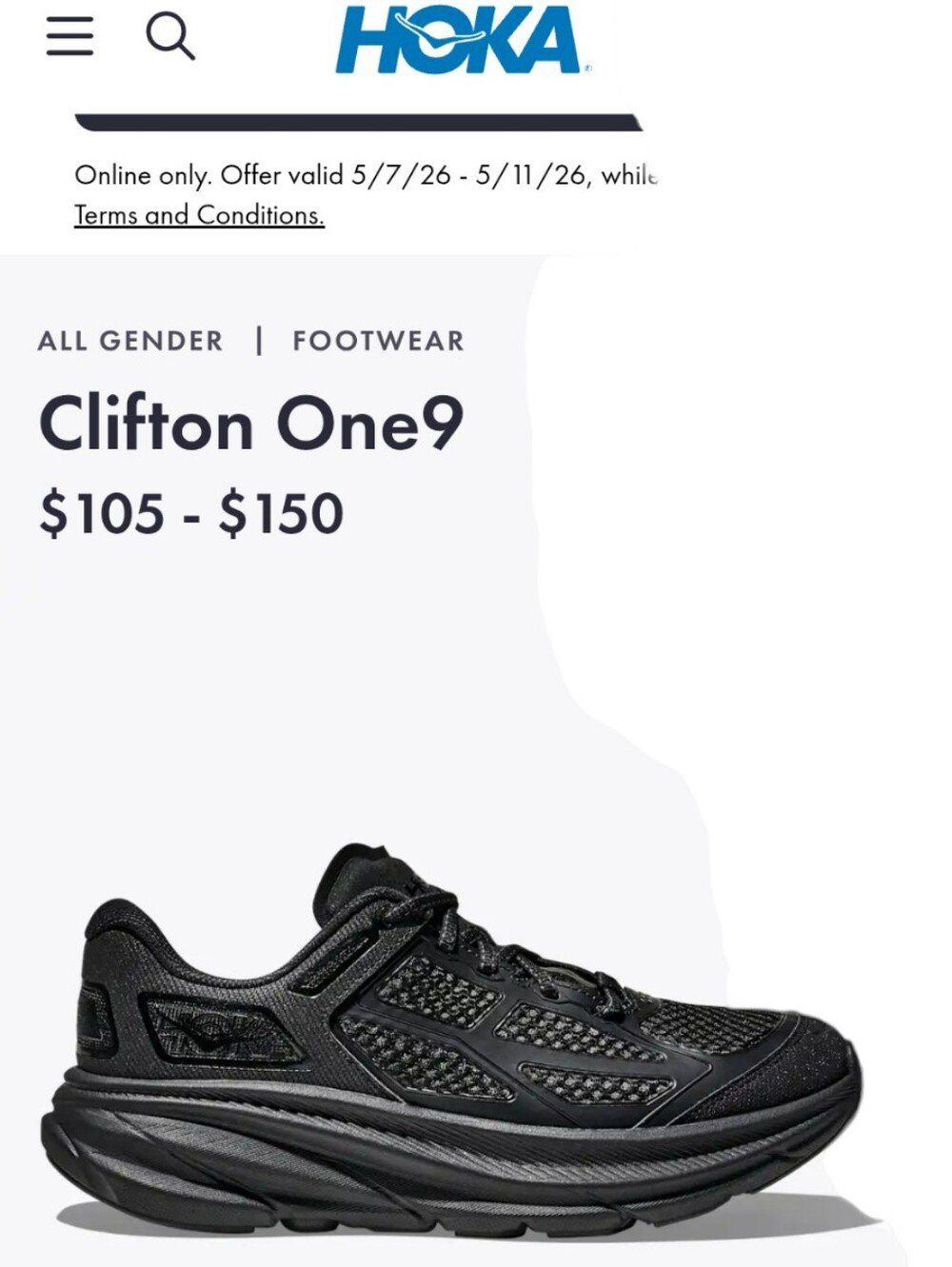 Hoka Clifton One9 Running Shoe Black Carbon 7 Men's  Size 8 Women's Unisex    53